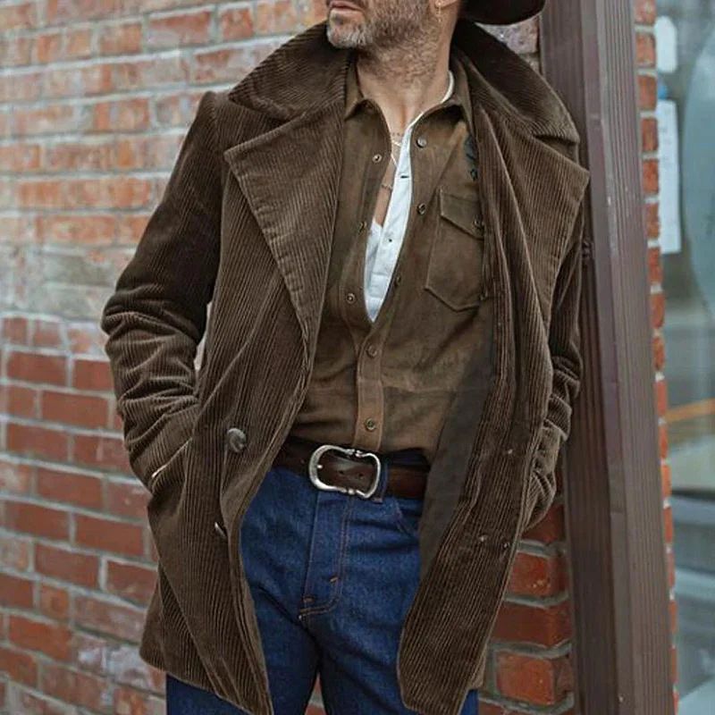 Men's Vintage Corduroy Long Coat - Classic Slim Fit Jacket For Winter, Business Casual Outerwear With Notched Lapel_voghion.com