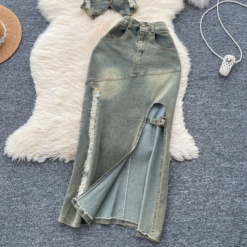 Women's Clothing Retro Washed Distressed Halter Neck Sleeveless Lapel Raw Edge Denim Top Slit Slim Skirt Two Piece Set_voghion.com