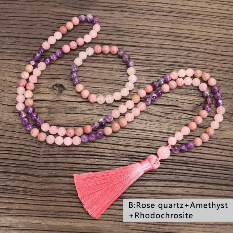 108 Mala Beads Necklace With Tassel 8mm Natural Crystal Gemstone Knotted Meditation Yoga Blessing Bracelet Jewelry_voghion.com