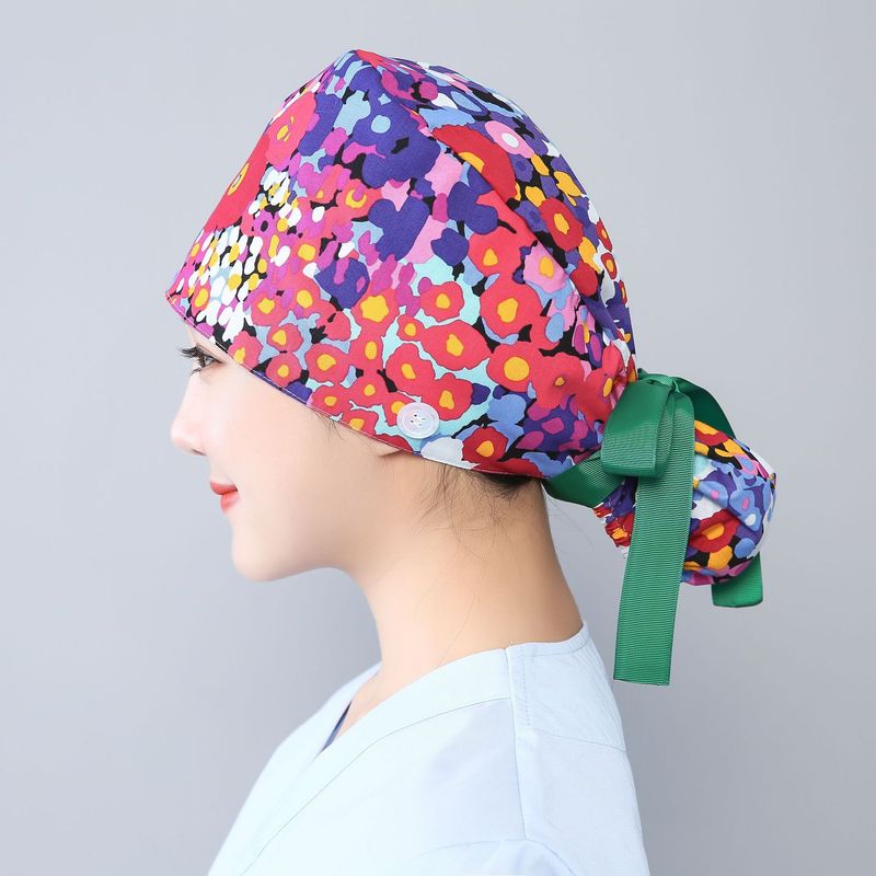 Skrubbhatt med knapp Fluffig hatt med svettband Justerbar hästsvansstöd Läkare Sjuksköterska Långt hår Arbete Blommössa_voghion.com