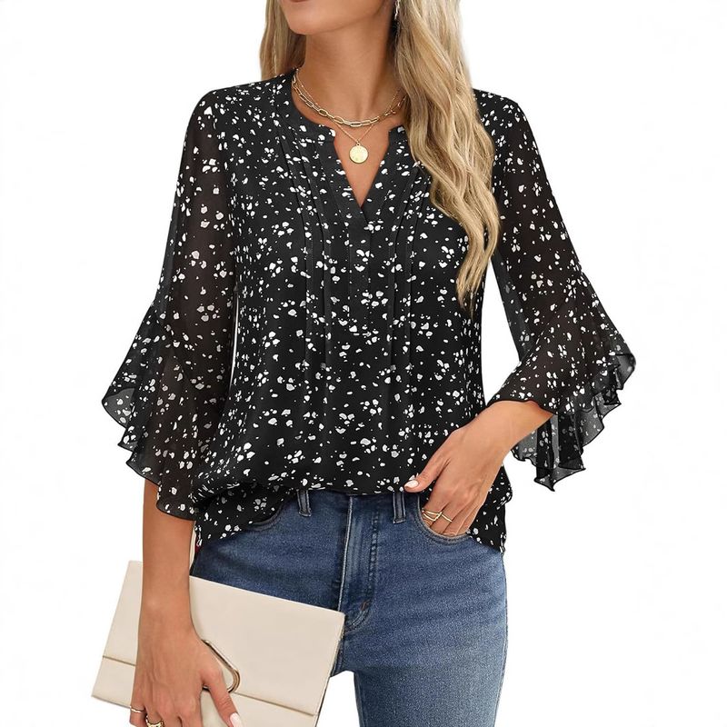 Camicia da lavoro in chiffon con scollo a V, manica a tre quarti, modello Verve Lotus Leaf, tinta unita, casual e alla moda, abbigliamento da donna_voghion.com