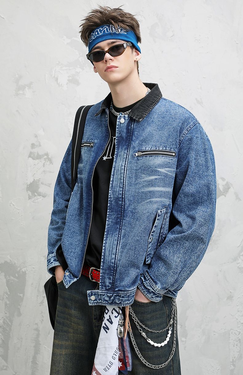 Herren Jeansjacke Vintage Jeansjacken Revers Langarm Mantel Mode Hip-Hop Herrenbekleidung Reißverschlusstaschen Dunkelblaue Jeansjacke_voghion.com