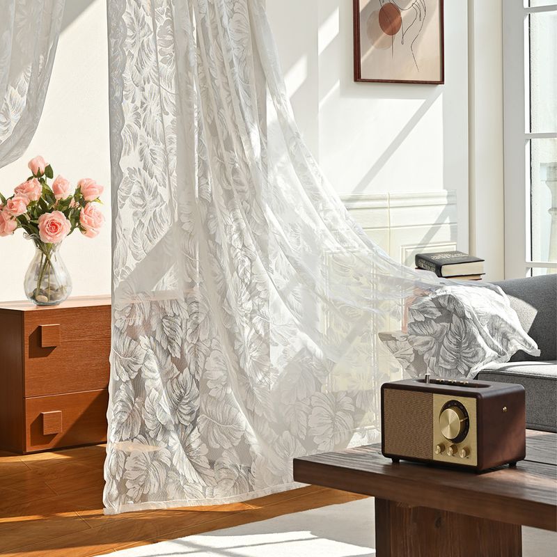 Leaf Door Curtain Rod Warp Knitted Lace White Solid Color Window Screen Curtain_voghion.com