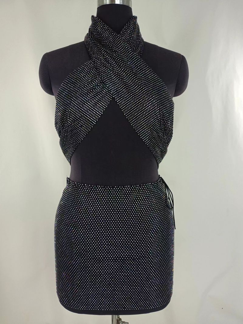Sexy rhinestone inset diamond cloth hanging neck wrap chest top stitching skirt suit_voghion.com