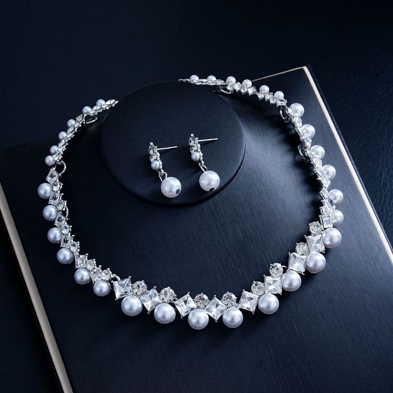 Braut Perle Diamant Halskette Ohrringe Zwei-stück Set Elegante Mode Vielseitig Temperament Schmuck frauen Großhandel_voghion.com