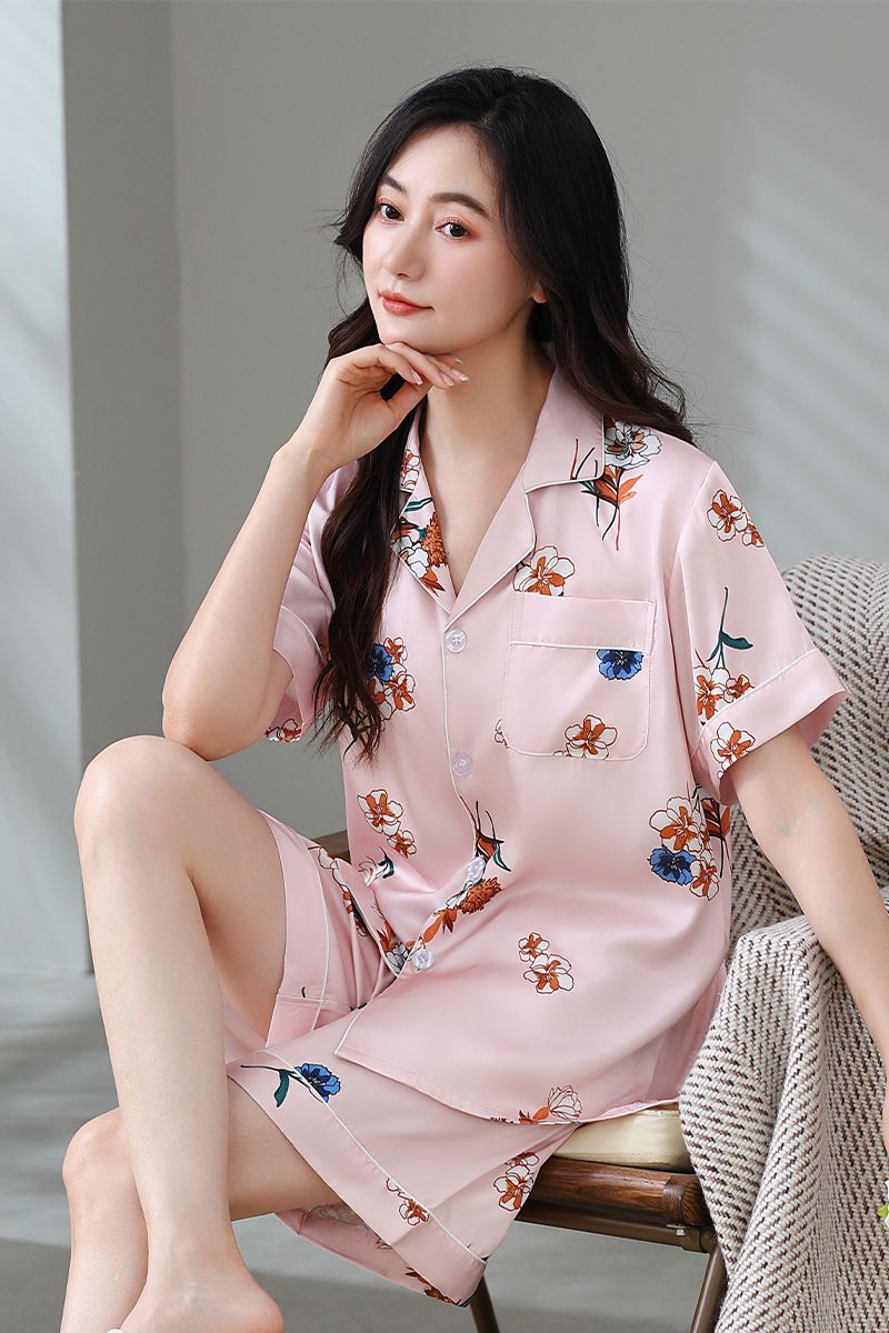 Pyjama d'été pour femme, short à manches courtes en satin glacé, sensation de soie, revers fin et frais, ensemble de vêtements d'intérieur_voghion.com