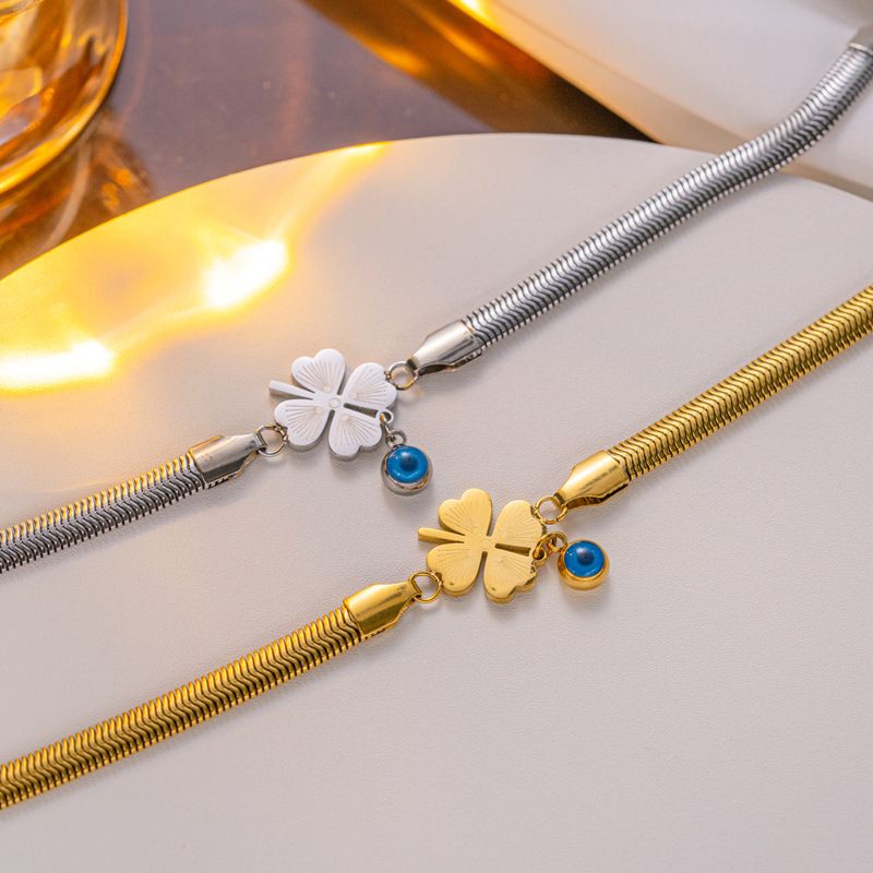 Cadena de hueso de serpiente de acero de titanio, pulsera de ojo azul con corazón, accesorio dorado que no se decolora para mujer_voghion.com