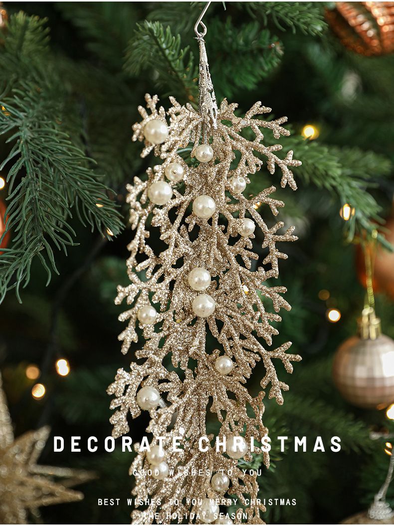 Ornements de Noël en forme de feuille de pin en plastique orné de perles couleur champagne doré – Décoration élégante et irrégulière à suspendre pour décorer votre sapin et votre intérieur pendant les fêtes._voghion.com