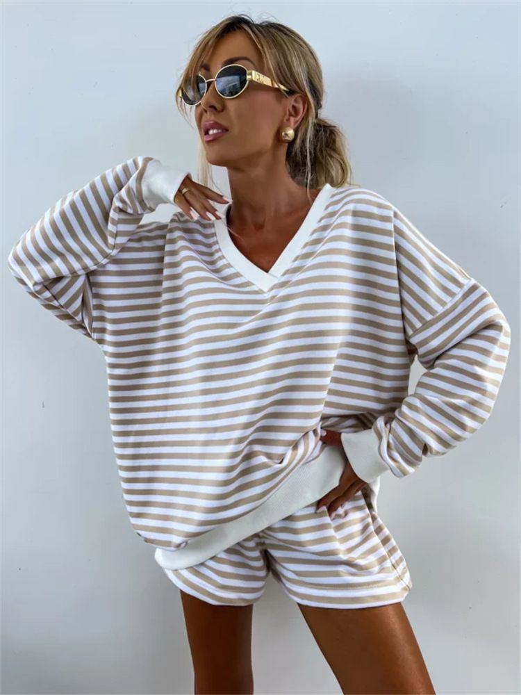 Ensemble 2 pièces décontracté à rayures pour femme, haut ample à manches longues et col en V, short de sport_voghion.com