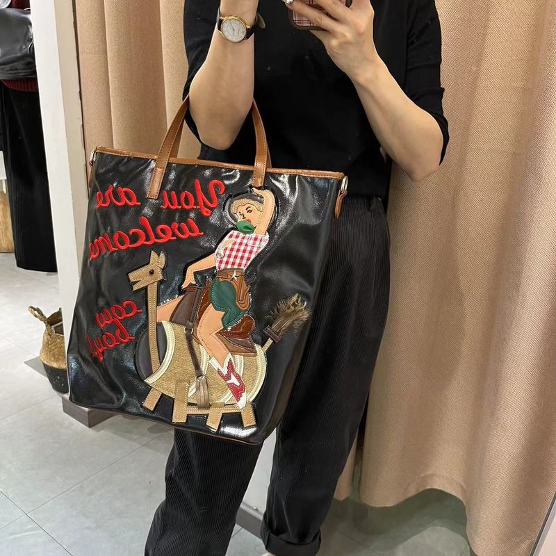 Bolsos de mujer, bolso de mano de lona de gran capacidad con bordado de dibujos animados, bolso bandolera versátil_voghion.com