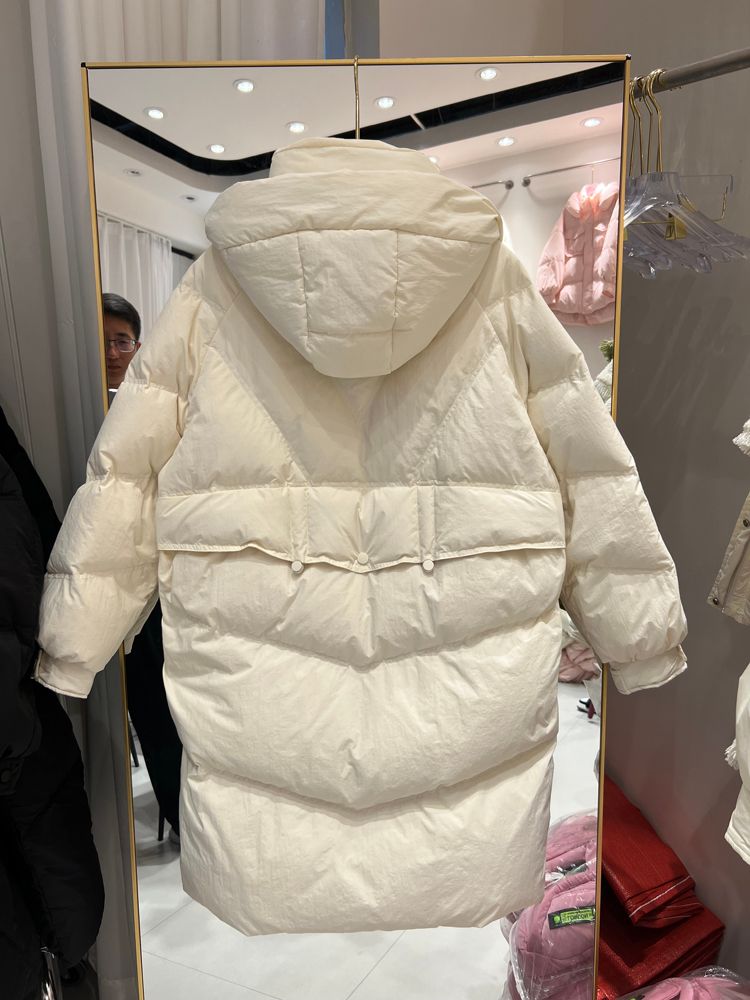Neue Winterjacke für Damen, mittellanger, knielanger, weißer Daunenmantel mit Kapuze, locker geschnitten und warm._voghion.com