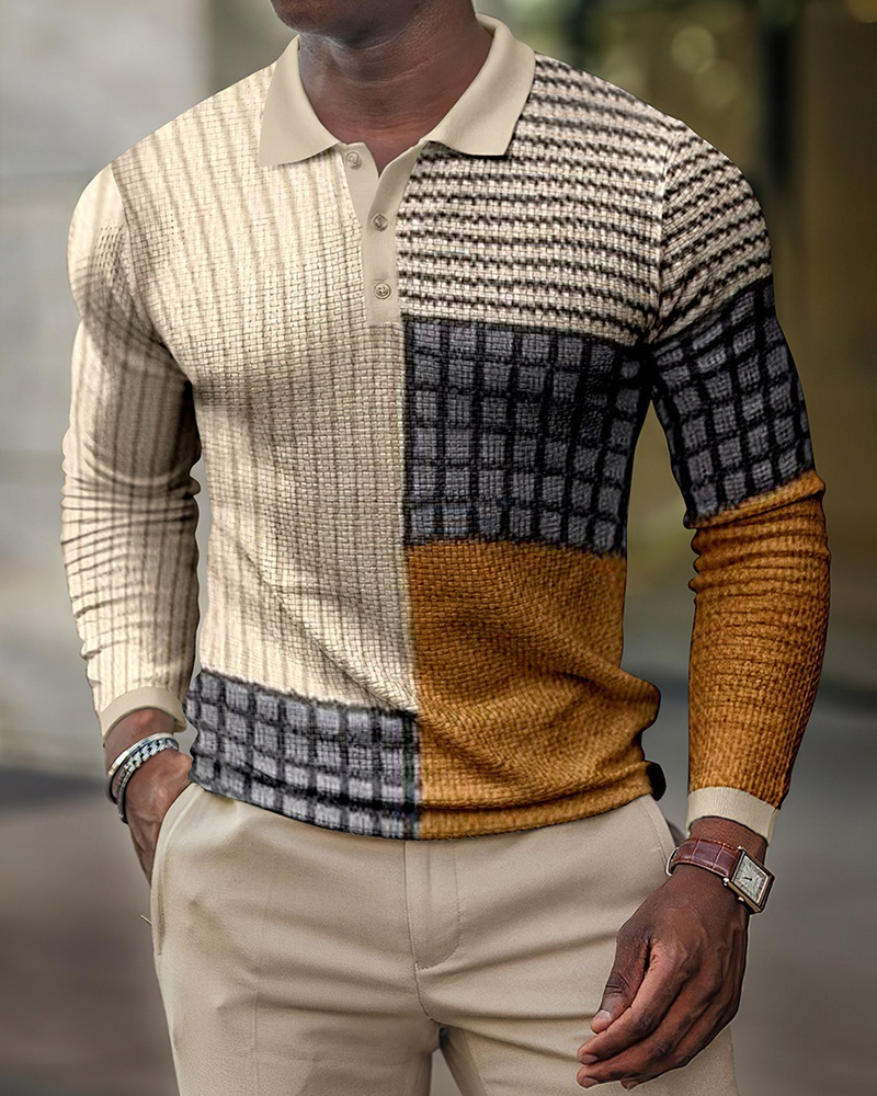 Herrenbekleidung 3D-gedrucktes Revers Langarm Button-Down-Poloshirt Herren Langarm T-Shirt Herren_voghion.com
