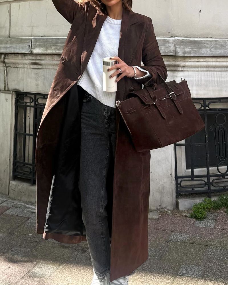 Cappotto lungo da donna autunno inverno elegante marrone con cintura in vita_voghion.com