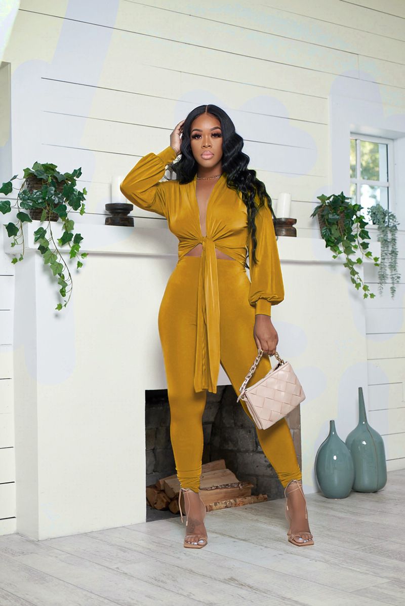 Neues zweiteiliges Damen-Set mit Strickjacke, Krawatte und langen Ärmeln in einfarbiger Farbe und Slim Fit-Hosen_voghion.com