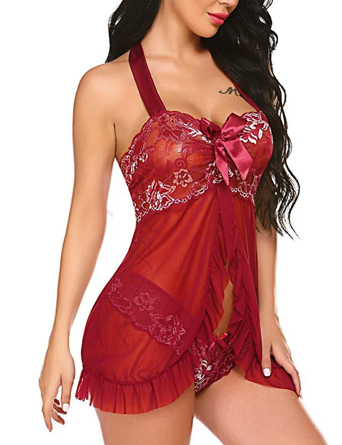 Sexy Dessous Plus Size Spitze Patchwork Mesh Transparent Neckholder Schleife Ultrakurzes Nachthemd_voghion.com