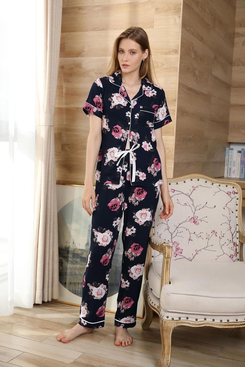 Pyjama Dames Zomer Plantenprint Korte Mouw Shirt Lange Broek Tweedelige Set Huiskleding Pamas_voghion.com
