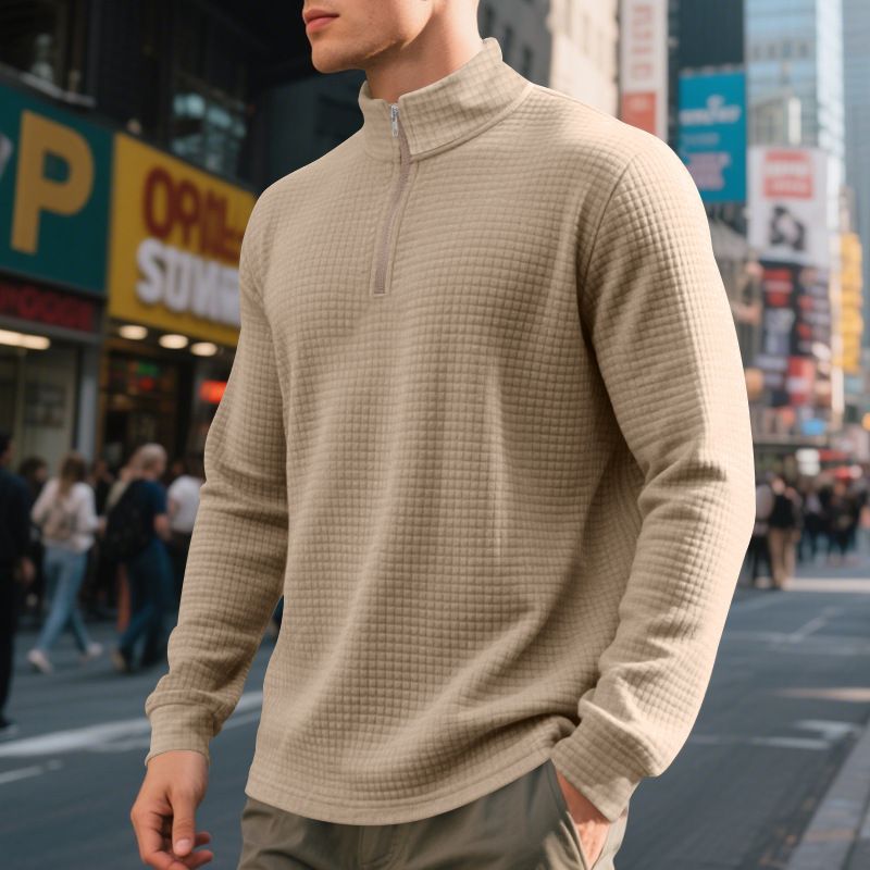 Men's Casual Pullover Sweatshirt With Jacquard Design, Stand Collar & Half-Zip, Loose Fit, Autumn/Winter Essential_voghion.com