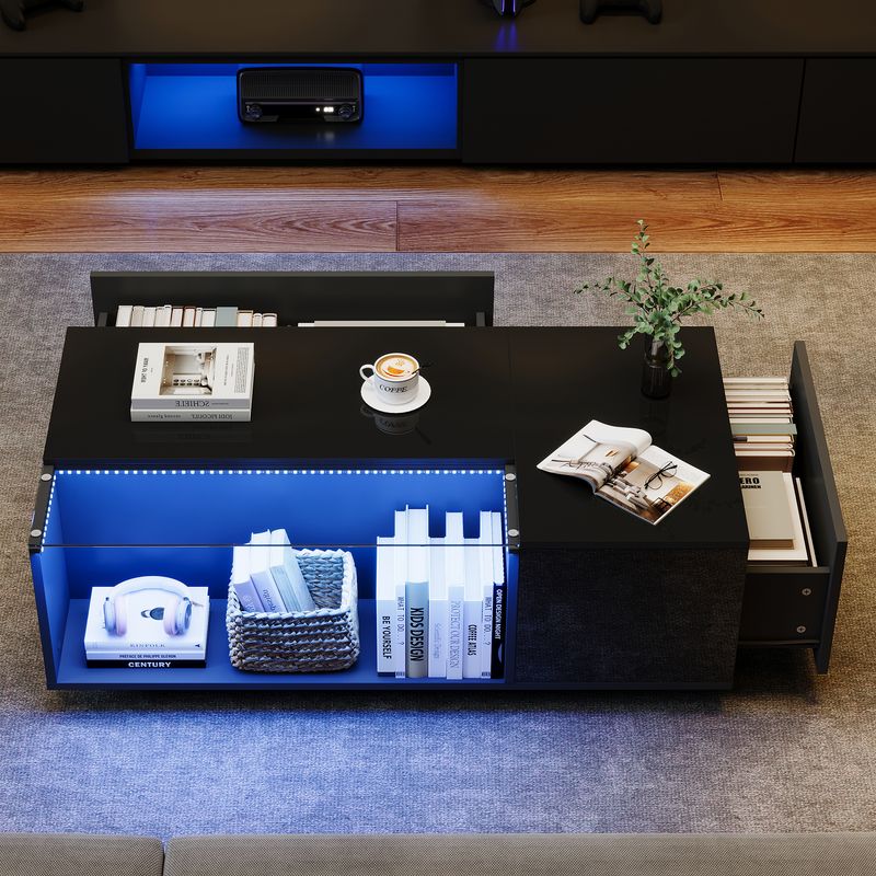 Table basse LED 100 x 50 x 35 cm avec rangement, table de salon en verre noir brillant avec 2 tiroirs, table d'appoint de canapé moderne_voghion.com