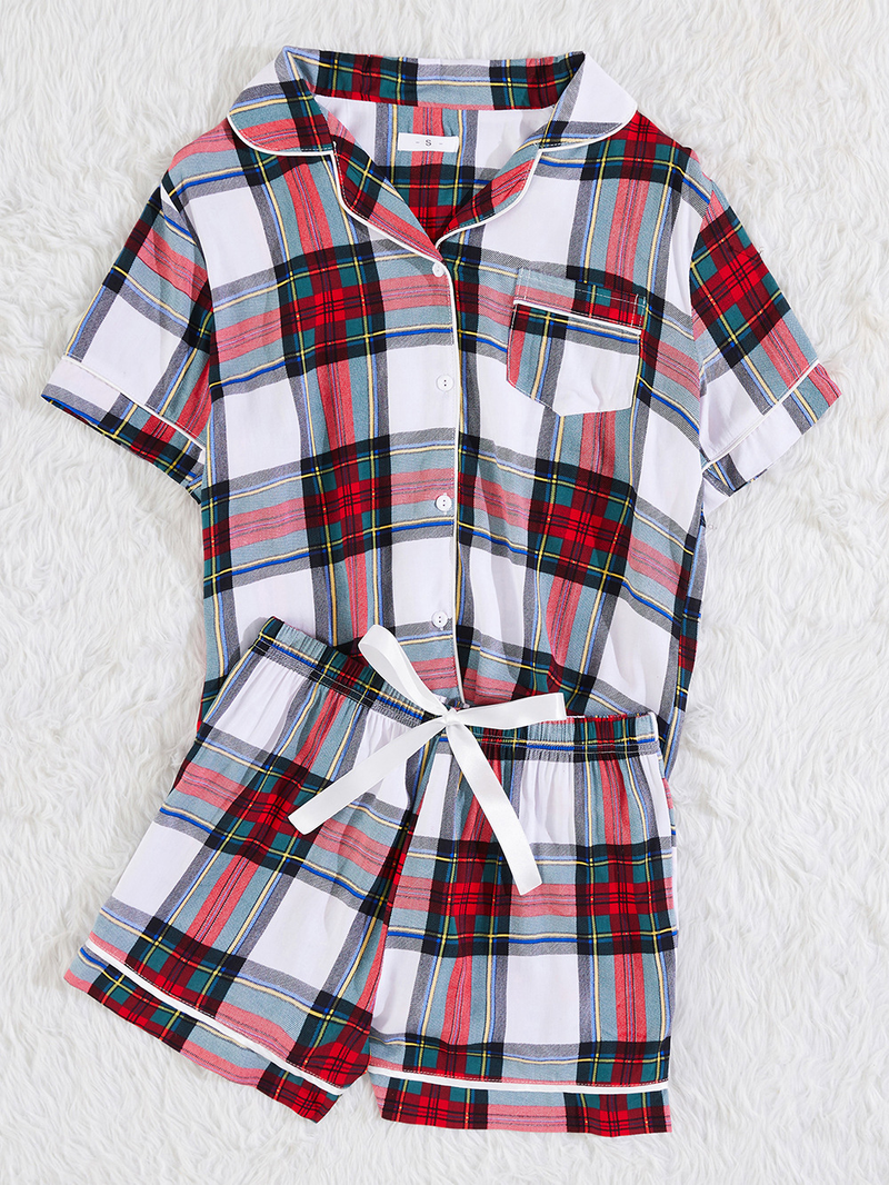 Dameskleding pyjama's voor dames vest met korte mouwen en geruite huiskledingset_voghion.com