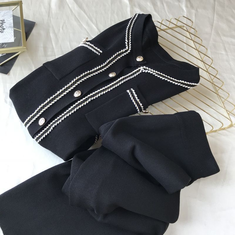 Kadın moda yuvarlak boyun örme hırka üst geniş bacak pantolon iki parçalı set_voghion.com