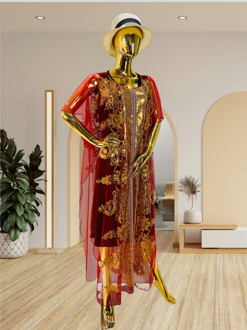 Large Size Chiffon Elegant Temperament Sequined Shawl Dress Traditional Ethnic Style Clothing_voghion.com