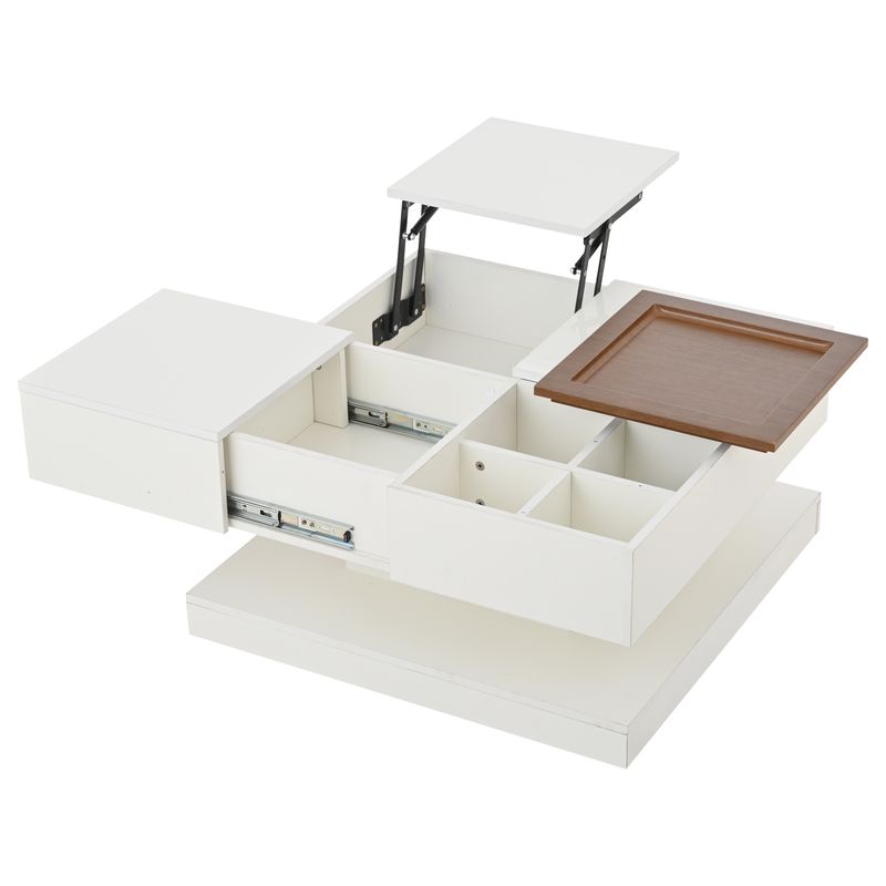 Table basse relevable 75,5 x 75,5 x 38 cm avec 4 compartiments de rangement, table de salon multifonctionnelle blanc brillant et ton bois, table d'appoint avec plateau amovible._voghion.com