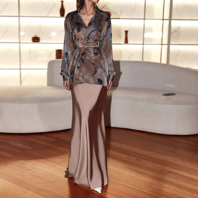 Women's Fashion New Elegant Turn-Down Collar Printed Shirt A-Line Long Skirt Two-Piece Set_voghion.com