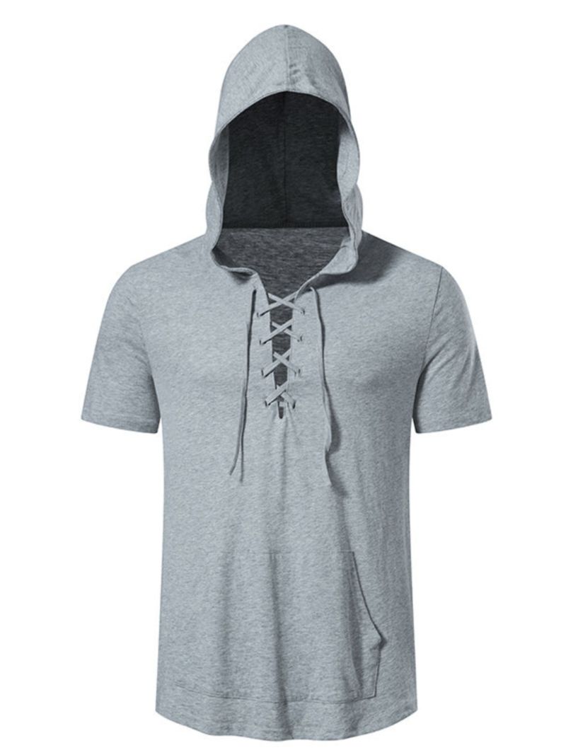 Summer men's hooded shoes with loose, simple, solid color, fashionable size, short sleeves, large pockets, all cotton_voghion.com