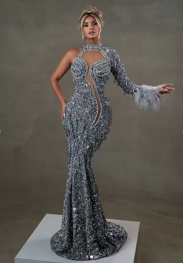 Elegant V-Neck Long Sleeve Bodycon Evening Dress With Slit & Glitter For Parties, Banquets, And Special Occasions_voghion.com