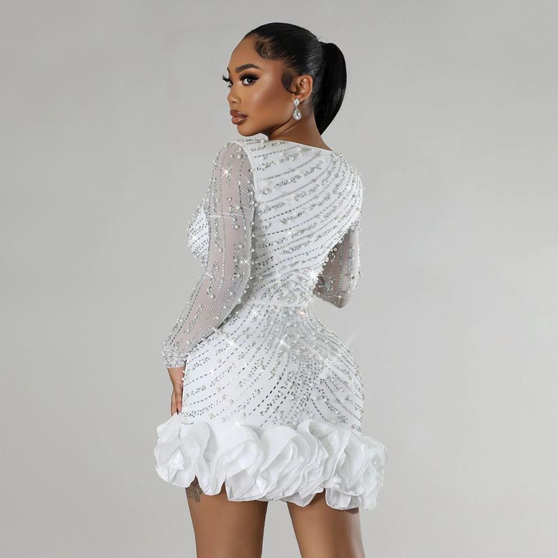 Women's Clothing Fashion Heavy Duty Hot Diamond Beading Ruffle Stitching Sexy Tight Hip Dress_voghion.com