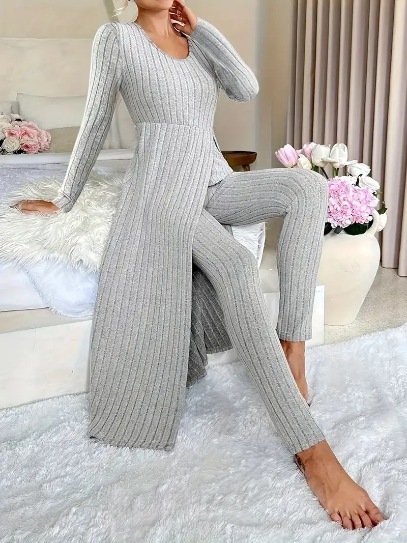Damen Kleidung Design Rundhals Split Langarm Zweiteiler Anzug Gerippt Frühling_voghion.com
