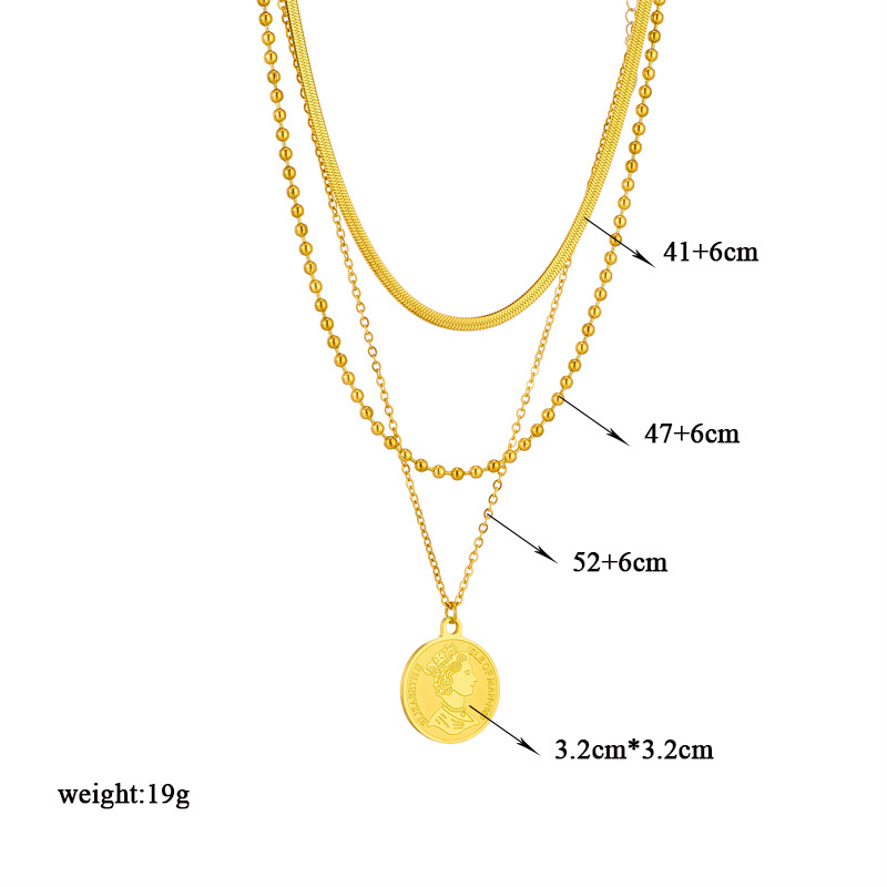 Niche design fashion creative personality versatile multi-layer chain bead chain round plate Queen's head pendant jewelry necklace_voghion.com
