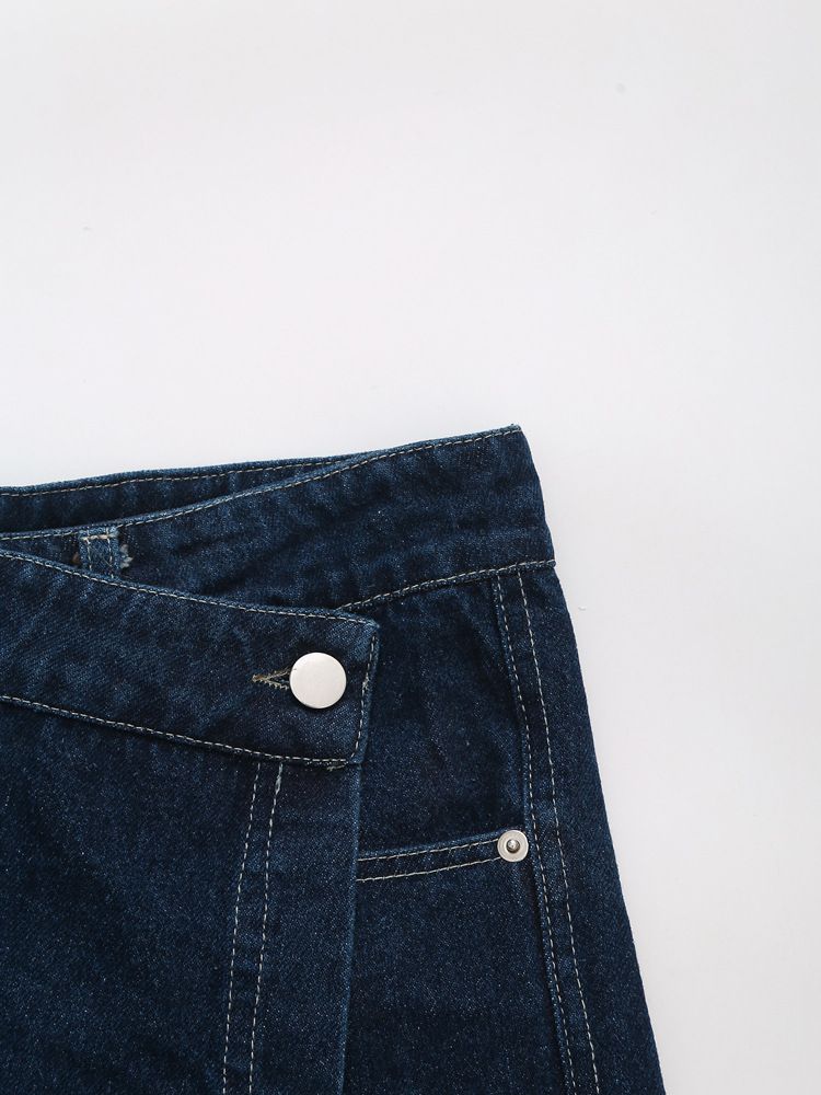 Damenbekleidung Kurzes Jeanshemd Zweireihiger Jeansrock Hosenanzug_voghion.com
