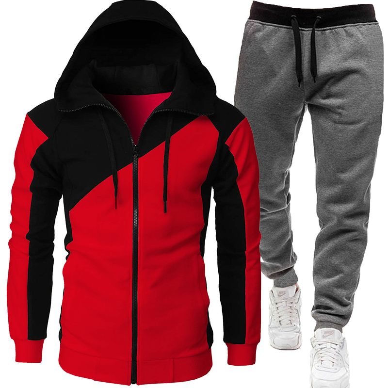 Autumn and winter foreign trade sports two-color splicing coat long men plus fleece thick sports suit two-piece set_voghion.com