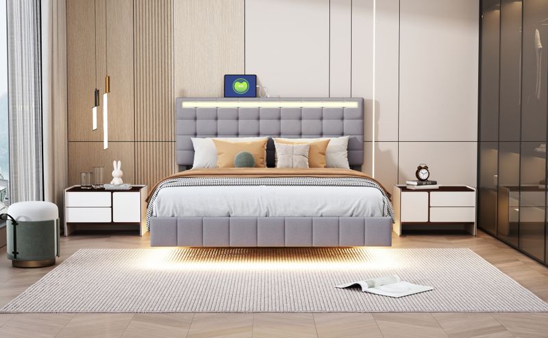 Polsterbett 140x200cm, Schwebebett Mit LED, Kopfteil, Leinen Grau_voghion.com