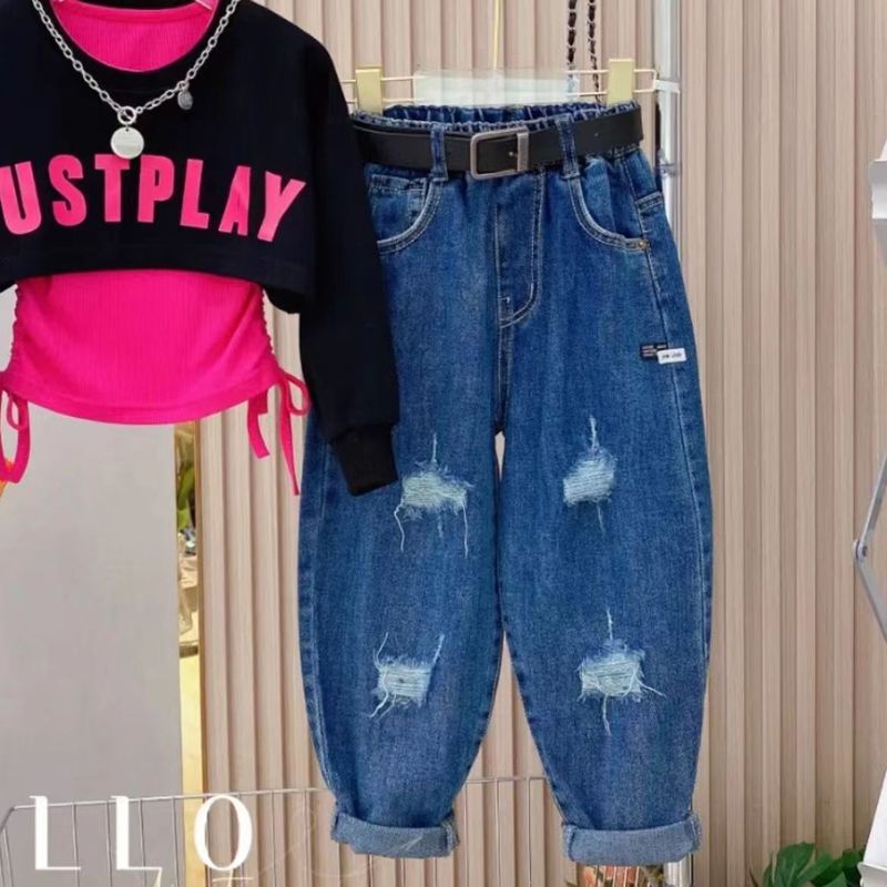 Kinderkleidung für Mädchen im neuen Herbst-Streetstyle, modisches Langarm-Sweatshirt mit Buchstaben-Print, Hosenträgern und zweiteiliger Dad-Jeans_voghion.com