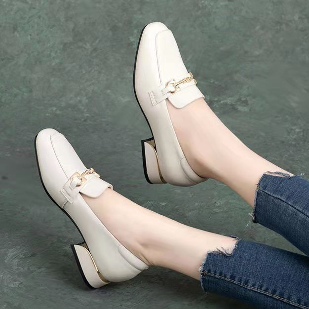 Soft-soled Loafers Women's Square Head Shallow Mouth Single Shoes Women's One-pedal Small Leather Shoes Square Heel British Style_voghion.com
