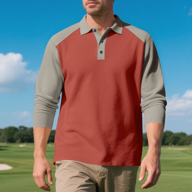 Camicia a maniche lunghe con risvolto e bottoni, casual, da golf, autunnale, da uomo, in tinta unita_voghion.com