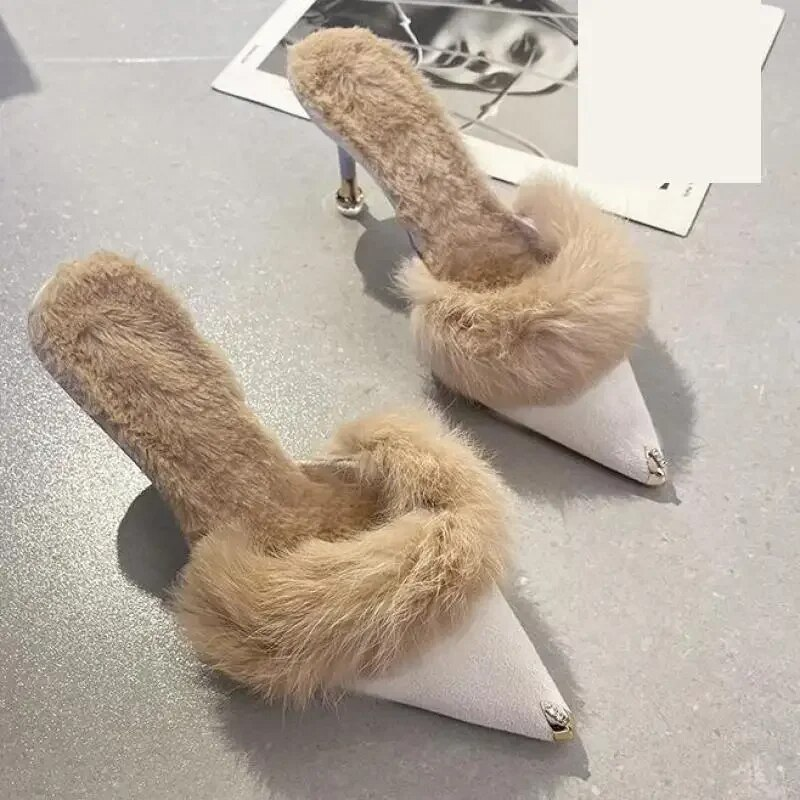 Bont Slippers Muilezels Puntschoen Elegante Hoge Hakken Schoenen Vrouwen Herfst Nieuwe Harige Slides Slippers Kantoor Werk Ytmtloy_voghion.com
