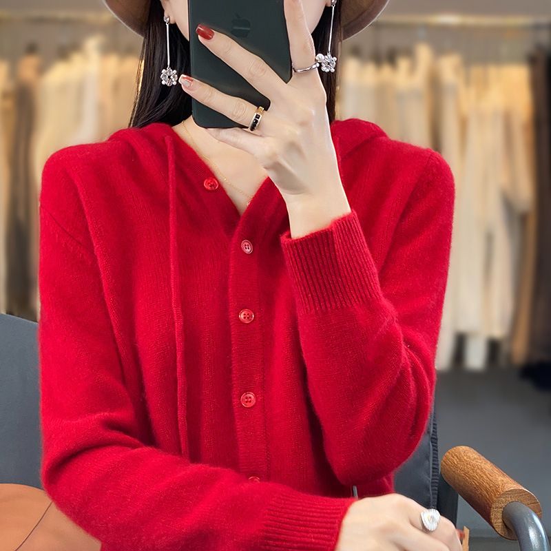 Cardigan lavorato a maglia con cappuccio, nuovo colore solido autunnale per donna, maglione corto e largo, felpa con cappuccio_voghion.com