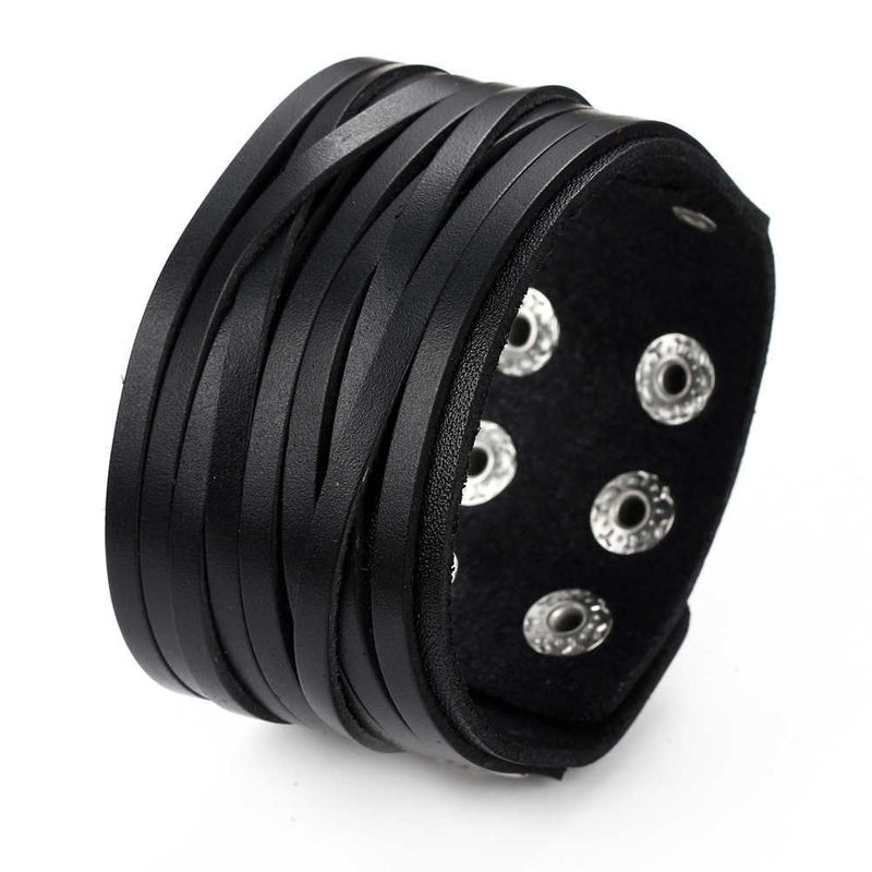 Bracciale in pelle intrecciata con motivo punk con borchie, largo, da uomo, esagerato e alla moda_voghion.com