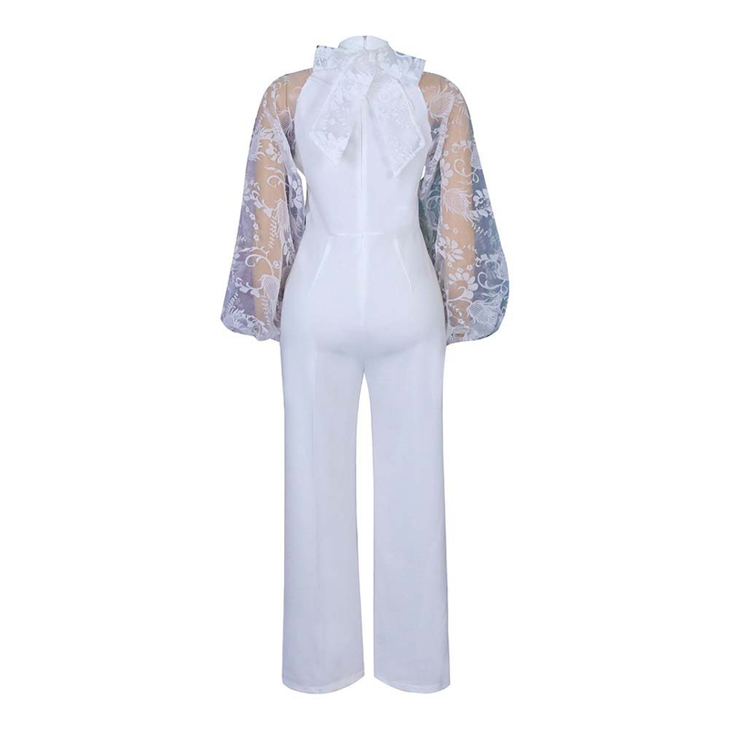 Women's Clothing Free Belt Stand Collar Mesh Lantern Sleeves Slim Large Size Women's African Wide Leg Jumpsuits_voghion.com