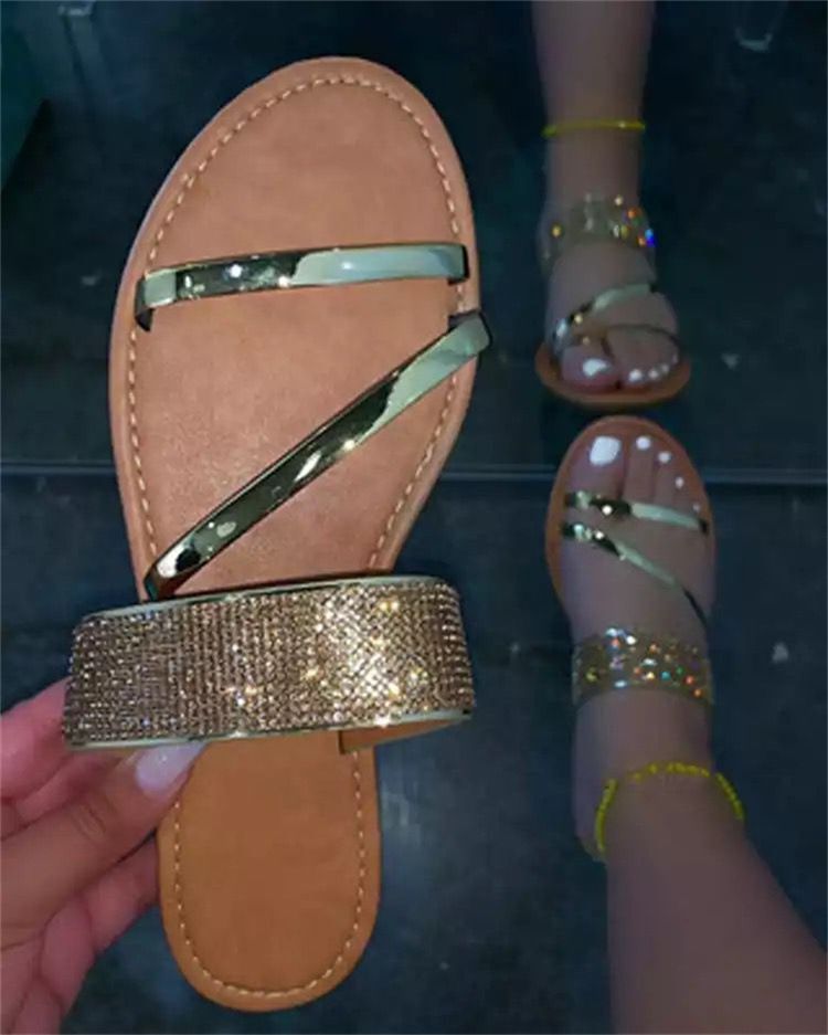 Pantoufles de plage décontractées à strass à fond plat de grande taille pour femmes_voghion.com
