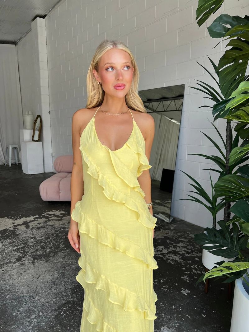 Women's Elegant Sleeveless Halter Neck Dress - Solid Color Multi-Layer Ruffle Summer/Autumn Dress (Fashionable & Stylish)_voghion.com