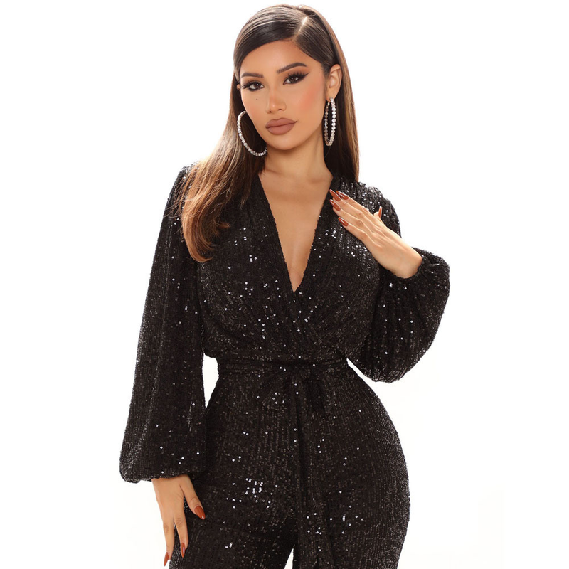 Women's sequined deep V-neck long-sleeved jumpsuit _voghion.com