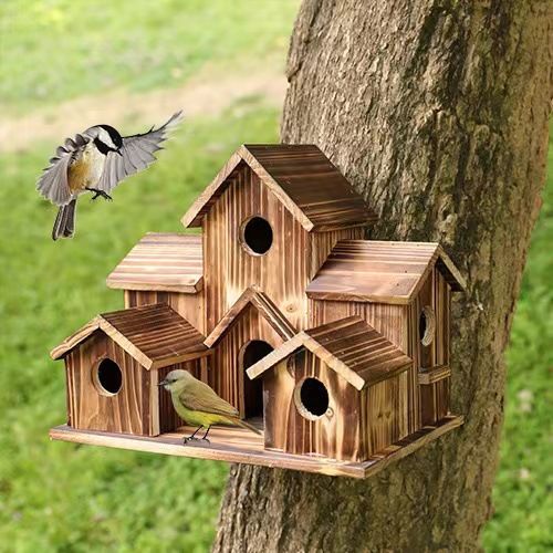 Wooden Hummingbird Solid Wood House Rural Outdoor Hanging Nest Villa Style Gardening Pendant Bird Feeder_voghion.com