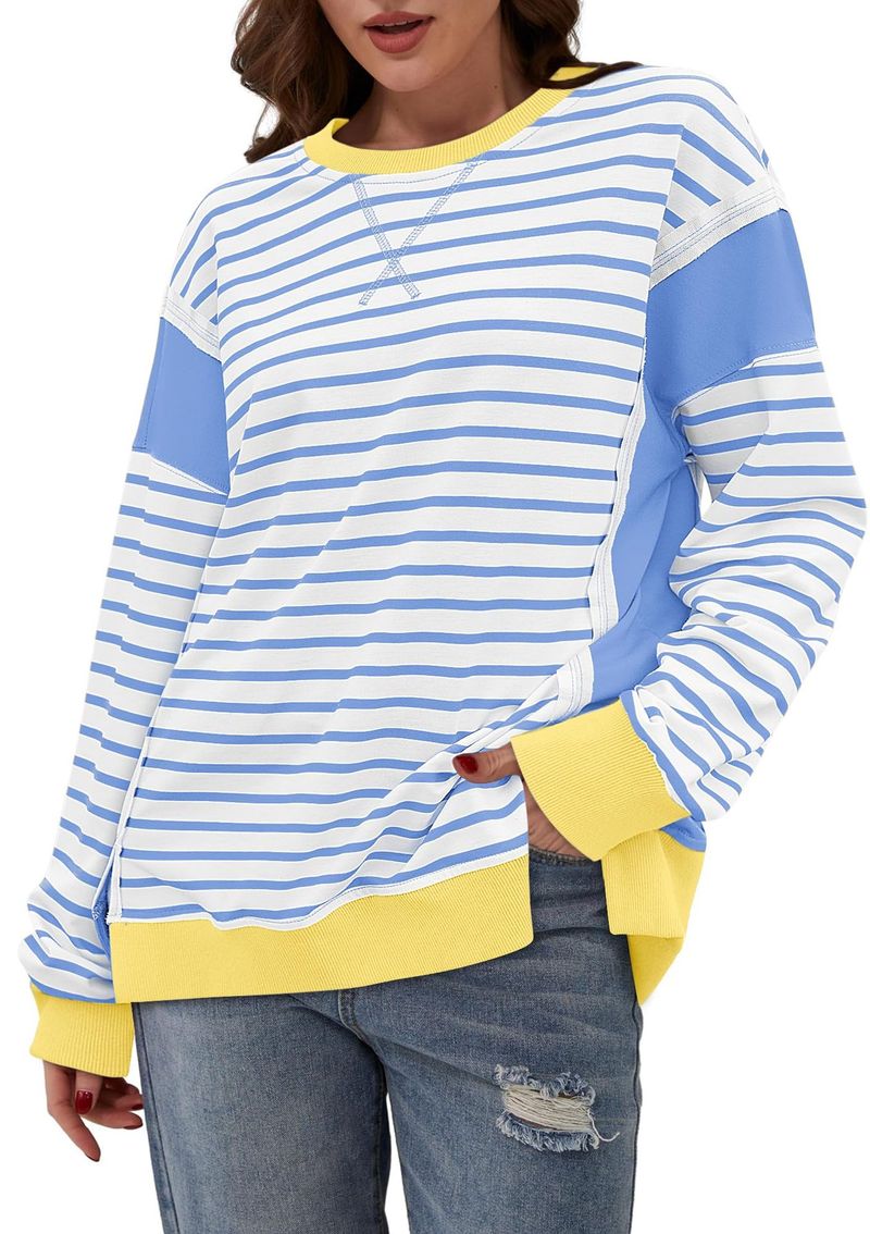 T-shirt a maniche lunghe da donna con righe a contrasto di colore - Felpa girocollo con motivo stampato_voghion.com