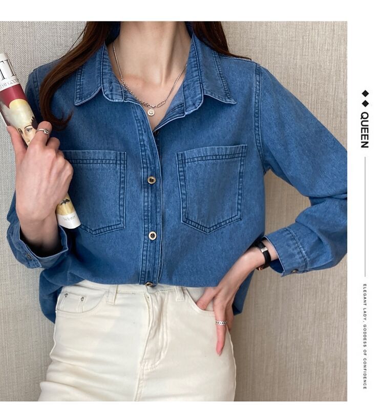 Vintage Jeanshemd im Hong Kong-Stil für Damen – Retro-blaues Oversized-Button-Down-Shirt mit klassischem Kragen, Freizeit- und Bürokleidung_voghion.com