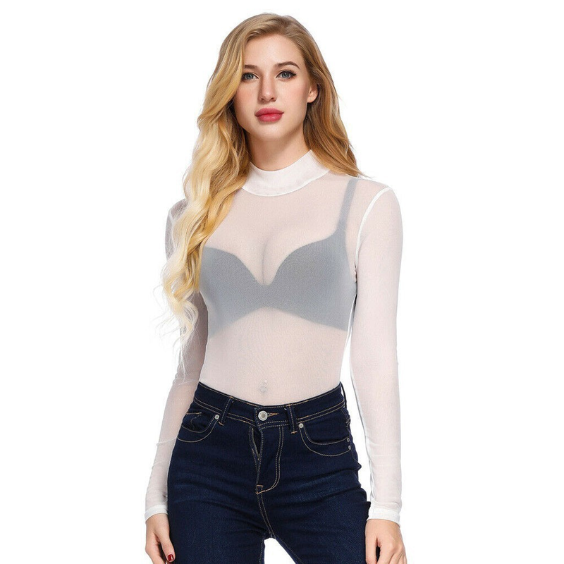 Camicia da donna con base a collo alto e mezza manica lunga attillata in rete ultra sottile sexy_voghion.com