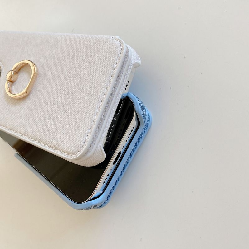Mobile phone case Suitable for iPhone15 mobile phone case, Apple 14 denim pattern two-fold card beauty mirror ring buckle mobile phone case_voghion.com